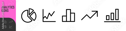 Business chart and analytics icon set. Minima line, outline chart icons including bar, line, pie and growth graphs for data visualization, growth, pie charts, and statistics. Color set icons