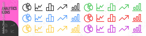 Business chart and analytics icon set. Minima line, outline chart icons including bar, line, pie and growth graphs for data visualization, growth, pie charts, and statistics. Color set icons