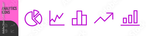 Business chart and analytics icon set. Minima line, outline chart icons including bar, line, pie and growth graphs for data visualization, growth, pie charts, and statistics. Color set icons