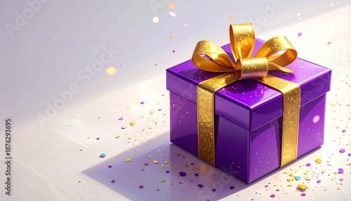 Purple gift box with golden ribbon and confetti on white surface.