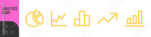 Business chart and analytics icon set. Minima line, outline chart icons including bar, line, pie and growth graphs for data visualization, growth, pie charts, and statistics. Color set icons