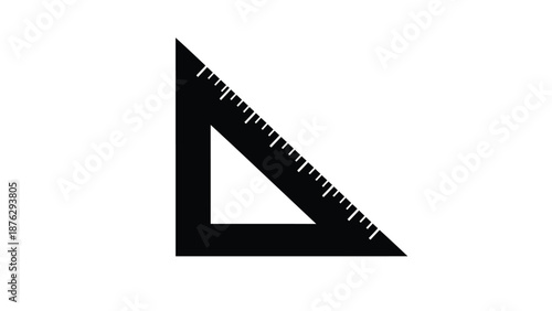 Black triangular ruler with white markings on a plain white background for drafting or drawing