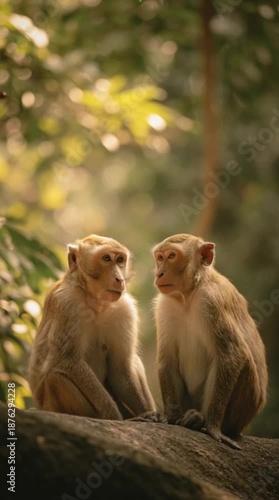 Two monkeys facing each other on tree branch in soft forest light emotional wildlife connection cinematic nature video