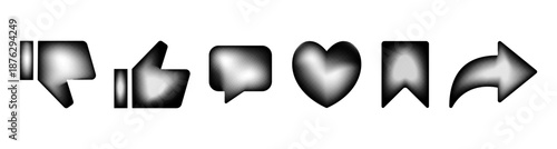 Social media interface halftone icon set. Like, dislike, unlike, thumb, comment, love, save, bookmark, share, forward, message sign symbol. Transparent vector illustration