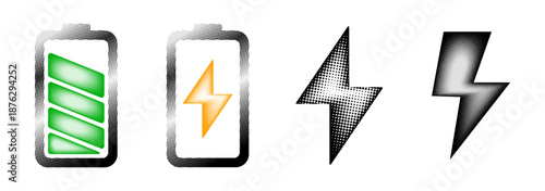 Halftone battery charging status and lightning bolt power flash icon set image. Energy and tech vector icons design. Transparent background