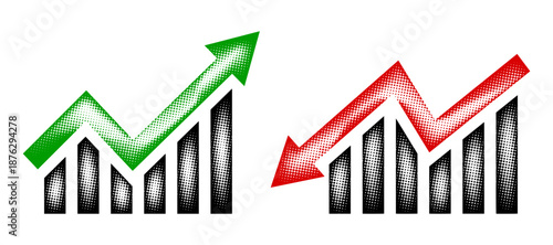 Business graph up and down arrow halftone icons. Graph, green, red, arrows, going, bar chart, dotted, moving down, and moving up vector design. Transparent background