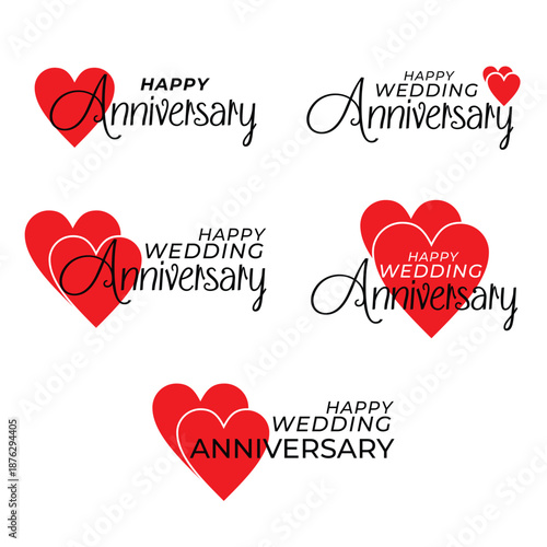 Happy Wedding Anniversary Vector Typography with Red Hearts