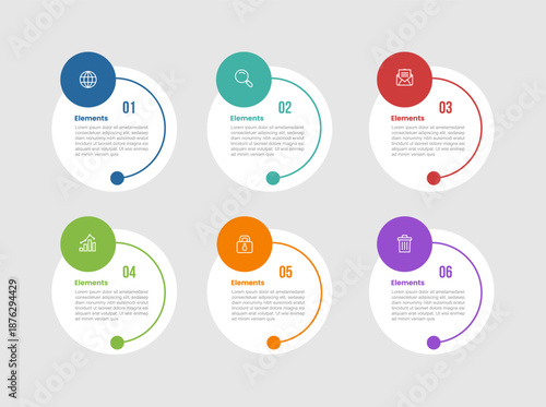 6 elements infographic comparison diagram with big circle and small circle badge on top with half line cut with dot line style 6 step for slide presentation