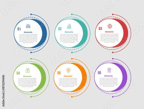 6 elements infographic comparison diagram with big circle and double layer behind with dot line style 6 step for slide presentation