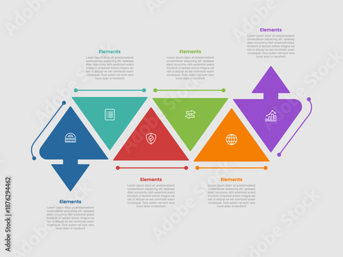 6 elements infographic comparison diagram with triangle box up and down locked position with arrow start and end with dot line style 6 step for slide presentation