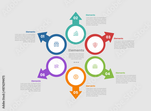 6 elements infographic comparison diagram with circle and arrow on cycle circular with pointer spreading all direction with dot line style 6 step for slide presentation