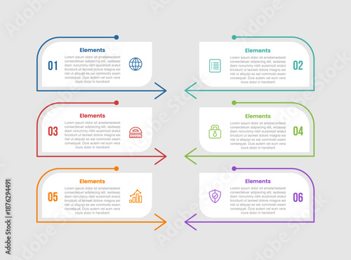 6 elements infographic comparison diagram with open line container box with arrow stacked opposite direction with dot line style 6 step for slide presentation