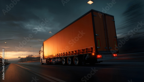 Oncoming huge semi-trailer truck riding on the highway. Closeup animation