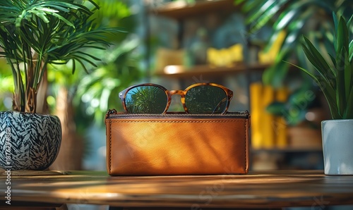 Tortoiseshell sunglasses on leather case with lush green plant background