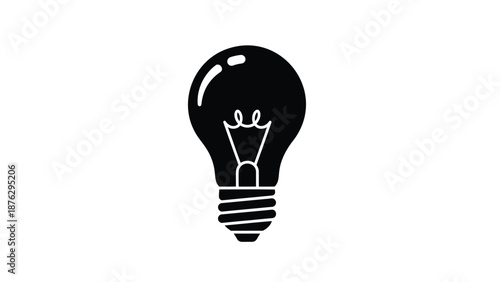 Black light bulb icon with white outline on plain white background symbolizing idea and inspiration