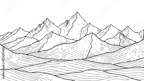 Majestic Mountain Range in a Stylized Sketch, Panoramic View of Peaks and Valleys