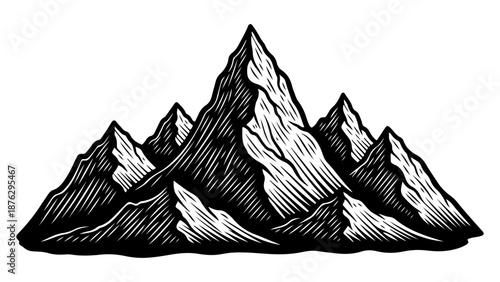 Mountain range illustration, a black and white drawing of rugged peaks with dramatic shading, evoking a sense of grandeur and adventure