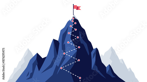 Goal achievement concept a winding path leading to a mountain peak crowned with a flag, symbolizing success and ambition