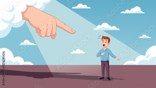 A man is pointing a finger at a shocked man by a divine hand coming out of the clouds symbolizing judgment or guidance