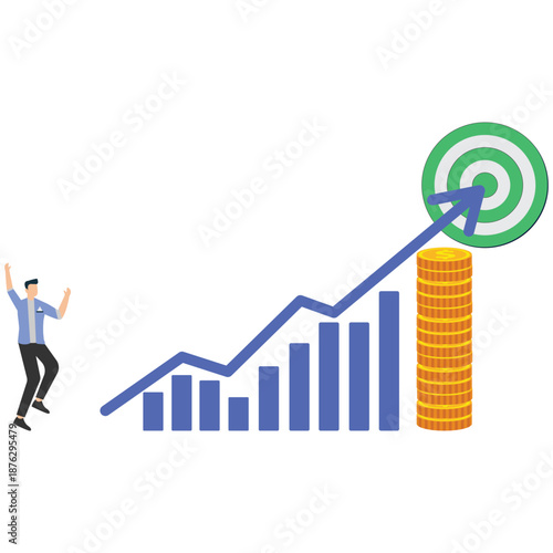 Businessman celebrating hitting financial target with growing graph