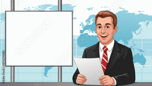 Smiling Male News Anchor Reporting Live From A Studio With A World Map Background And A Blank Whiteboard For Text