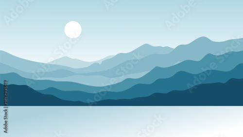 Serene Blue Mountain Landscape with Sun and Water Reflection, Minimalist Digital Art