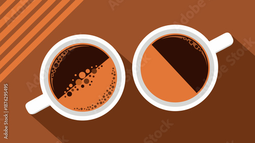 Two coffee cups with contrasting levels of liquid and bubbles, viewed from above, with warm lighting