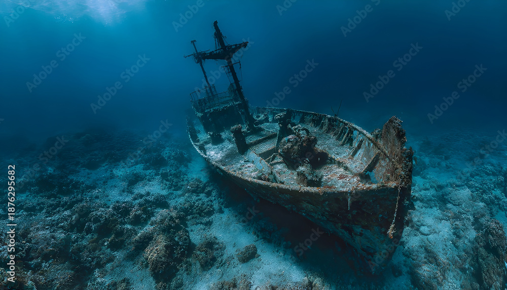 Fototapeta premium ship wreck underwater shipwreck on seabed sea floor standing metal on ocean floor