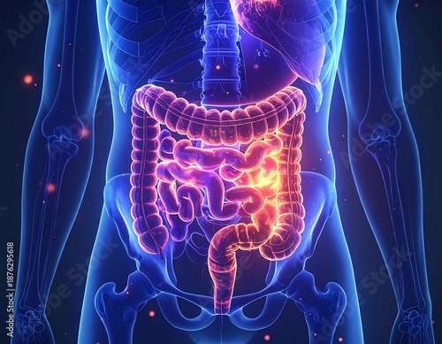 Human torso x-ray highlighting large intestines with radiant hues of orange, red, and purple glow