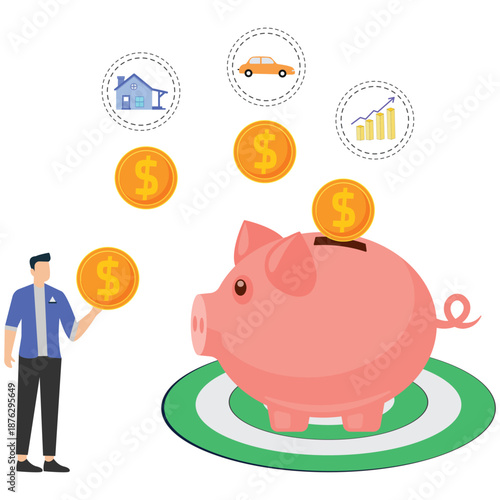 Man saving money in piggy bank for future investments and goals
