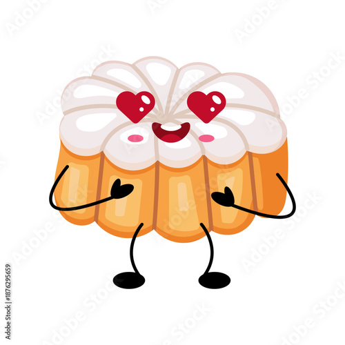 Cute kawaii bundt cake character with heart eyes and happy emotion. Sweet dessert illustration isolated on white background.