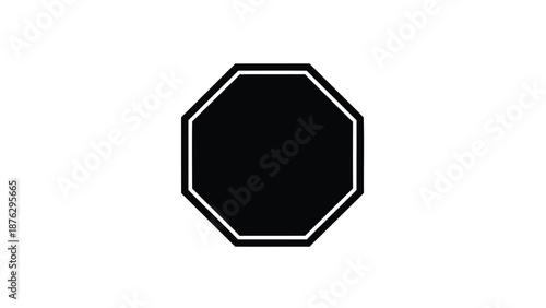 Black octagonal sign with white outline on plain white background symbol or icon