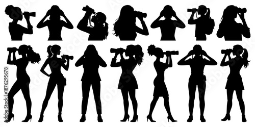 Women Looking Through Binoculars Silhouettes Set on Transparent Background