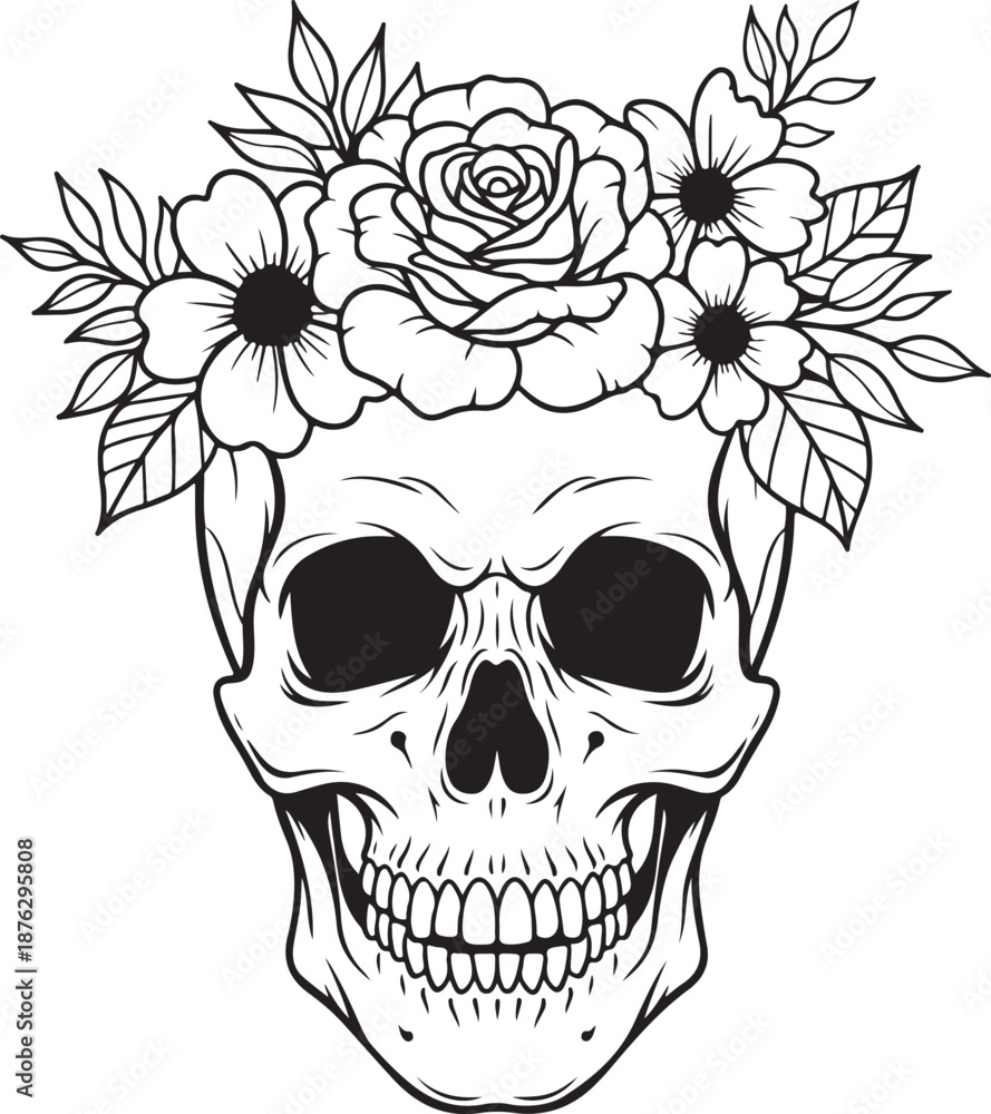 Obraz premium Black and white skull with floral crown flowers leaves