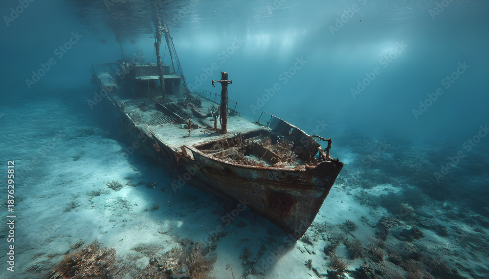 Fototapeta premium ship wreck underwater shipwreck on seabed sea floor standing metal on ocean floor