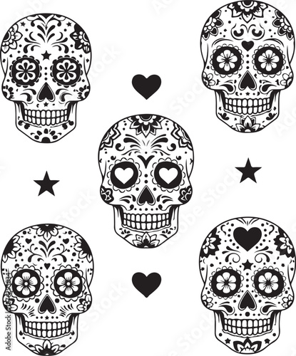 Black and white sugar skulls with floral patterns and hearts
