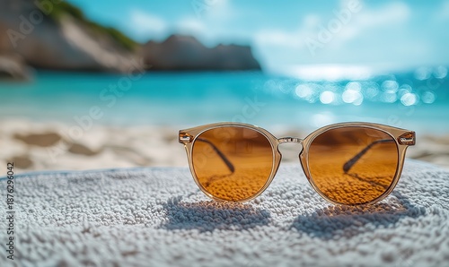 Amber lens sunglasses resting on towel overlooking a vibrant tropical ocean