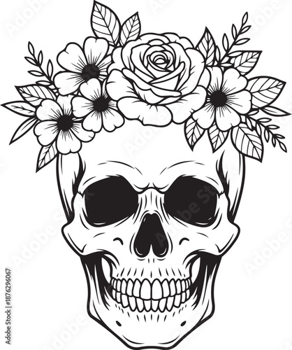 Black and white skull with floral crown human skull