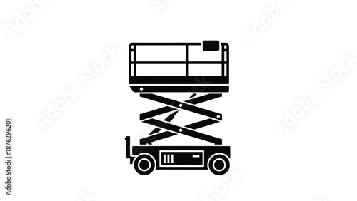 Scissor lift vehicle with platform raised high for construction or maintenance work on building sites
