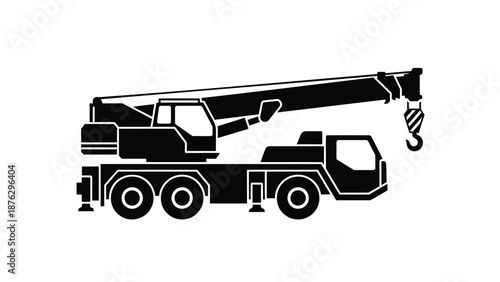Mobile crane truck with extended boom and hook for heavy lifting operations
