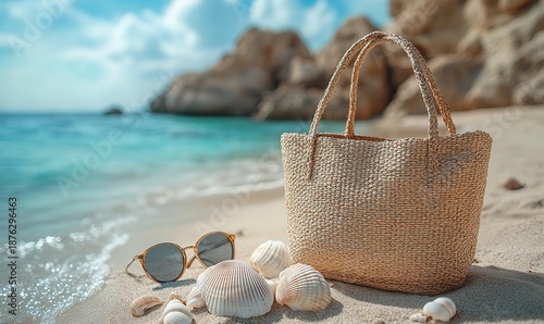 Straw beach bag, stylish sunglasses, and seashells on a tropical seashore.