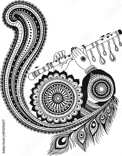 Black and white mandala with flute and peacock feathers