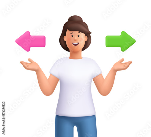 Young smiling woman Jane pointing toward left and right arrow. Choice, decision making, direction, options, guidance, comparison concept. 3d vector people character. Cartoon minimal style.
