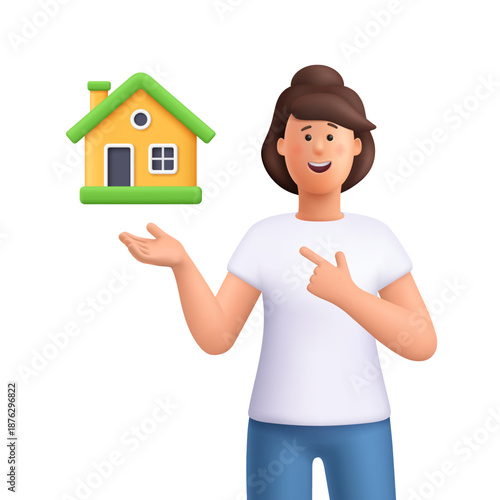 Young smiling woman Jane pointing at house building. Real estate, property sales, housing market, renting, mortgage and home insurance concept. 3d vector people character. Cartoon minimal style.