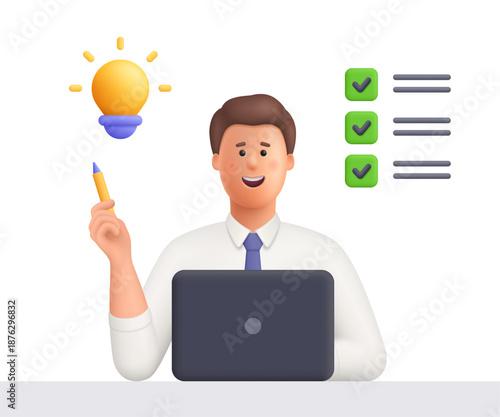Young smiling businessman Ted working on laptop on task list with pencil and lightbulb. Creativity, planning, project and business idea. 3d vector people character. Cartoon minimal style.