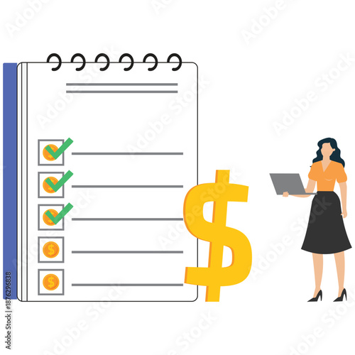 Businesswoman reviewing financial checklist with dollar sign