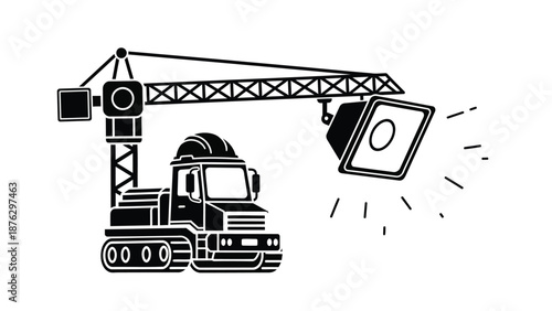 Black truck crane lifting a billboard on white background industrial construction vehicle