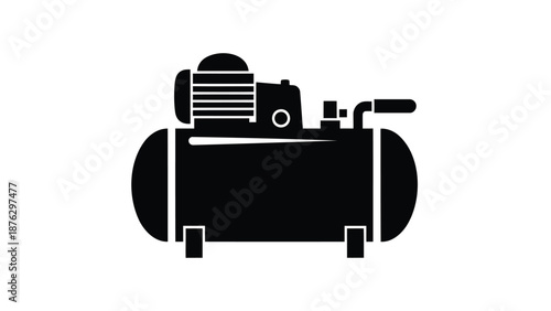 Black silhouette of an industrial air compressor with motor and tank on a white background