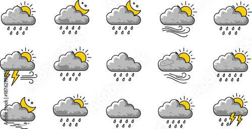 Weather forecast icon set, sun rain cloud lightning wind symbols collection, flat cartoon meteorology illustration isolated on white background