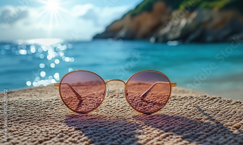 Stylish golden round sunglasses rest on a textured surface by the tropical sea